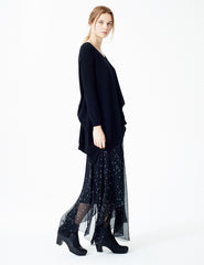 morgane le fay oversized cashmere v-neck sweater with longer back and ties to adjust length and draping. button detail at neck.