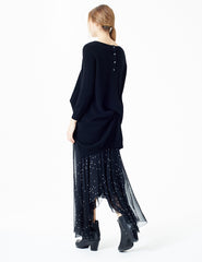 morgane le fay oversized cashmere v-neck sweater with longer back and ties to adjust length and draping. button detail at neck.