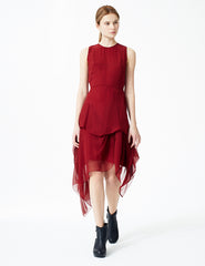 morgane le fay sleeveless silk chiffon dress with a draped skirt, crew neckline and waist tie. made in new york.