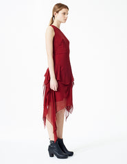 morgane le fay sleeveless silk chiffon dress with a draped skirt, crew neckline and waist tie. made in new york.