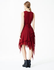 morgane le fay sleeveless silk chiffon dress with a draped skirt, crew neckline and waist tie. made in new york.