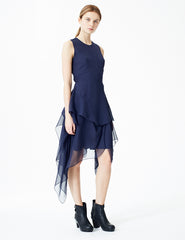 morgane le fay sleeveless silk chiffon dress with a draped skirt, crew neckline and waist tie. made in new york.