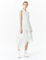 morgane le fay sleeveless silk chiffon dress with a draped skirt, crew neckline and waist tie. made in new york.