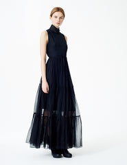 morgane le fay long, organza ballgown with a high collar and skirt with tiers of gathering.