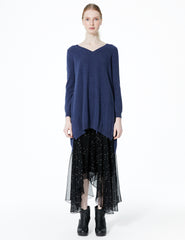 morgane le fay oversized cashmere v-neck sweater with longer back and ties to adjust length and draping. button detail at neck.
