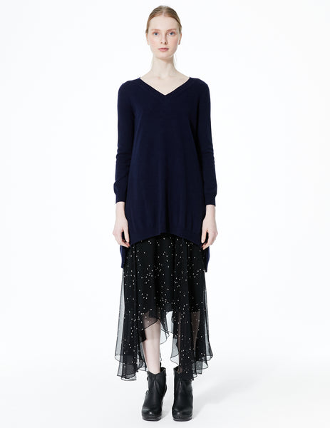oversized cashmere v-neck sweater with longer back and ties to adjust length and draping