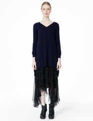 oversized cashmere v-neck sweater with longer back and ties to adjust length and draping