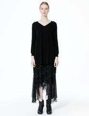 morgane le fay oversized cashmere v-neck sweater with longer back and ties to adjust length and draping. button detail at neck.