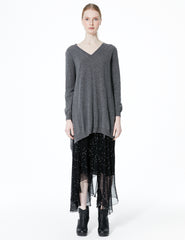 morgane le fay oversized cashmere v-neck sweater with longer back and ties to adjust length and draping. button detail at neck.