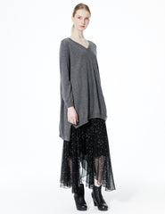 morgane le fay oversized cashmere v-neck sweater with longer back and ties to adjust length and draping. button detail at neck.