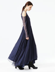 morgane le fay floor length silk chiffon gown with long sleeves and open shoulders. made in new york.