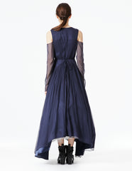 morgane le fay floor length silk chiffon gown with long sleeves and open shoulders. made in new york.