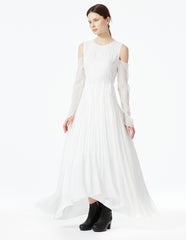 morgane le fay floor length silk chiffon gown with long sleeves and open shoulders. made in new york.
