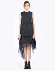 morgane le fay sleeveless silk chiffon dress with a draped skirt, crew neckline and waist tie. made in new york.