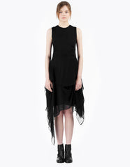 morgane le fay sleeveless silk chiffon dress with a draped skirt, crew neckline and waist tie. made in new york.