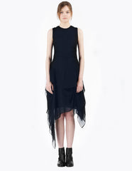 morgane le fay sleeveless silk chiffon dress with a draped skirt, crew neckline and waist tie. made in new york.